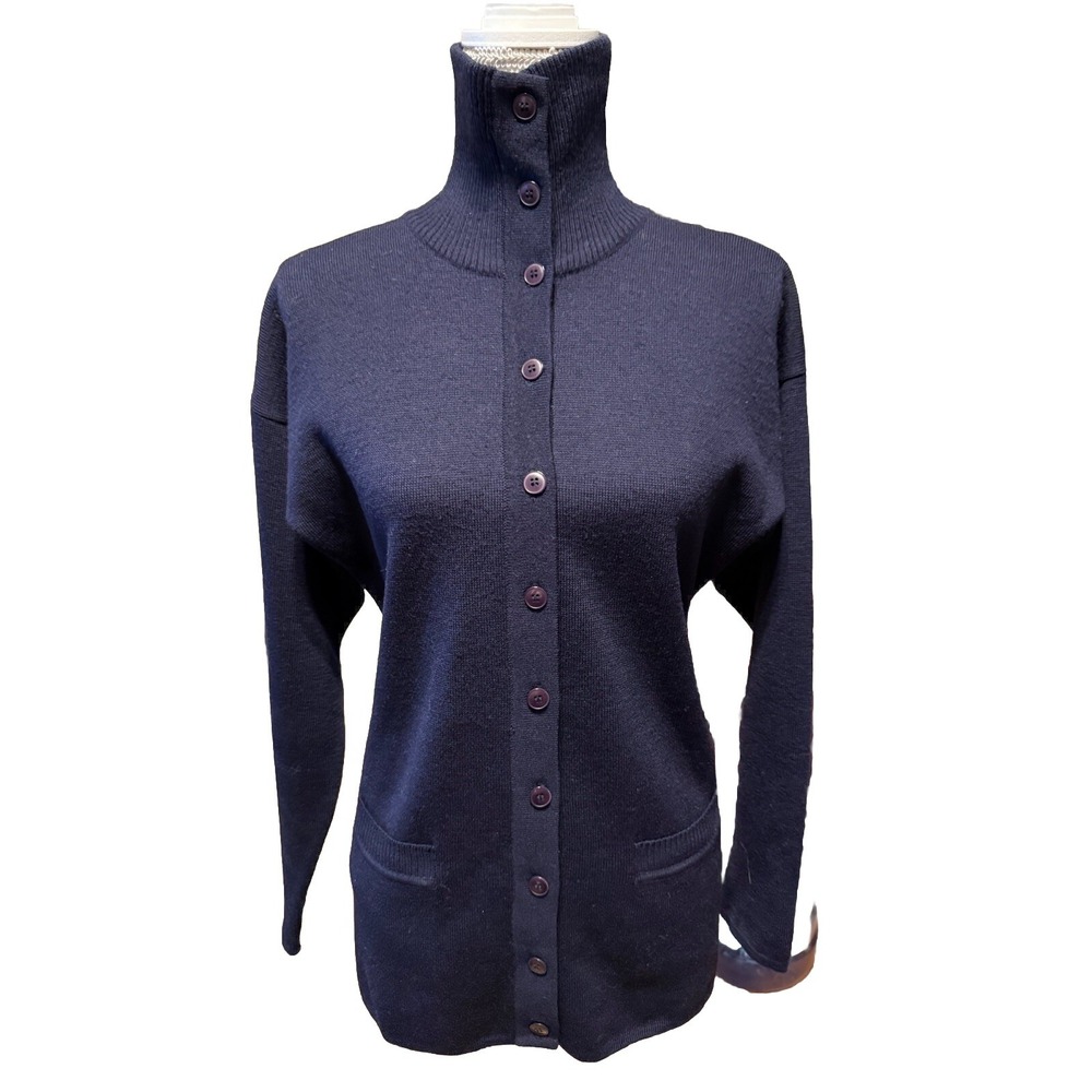 ANN KLEIN II wool cardigan ribbed turtle neck blue SZ MEDIUM‎ pockets Academia
